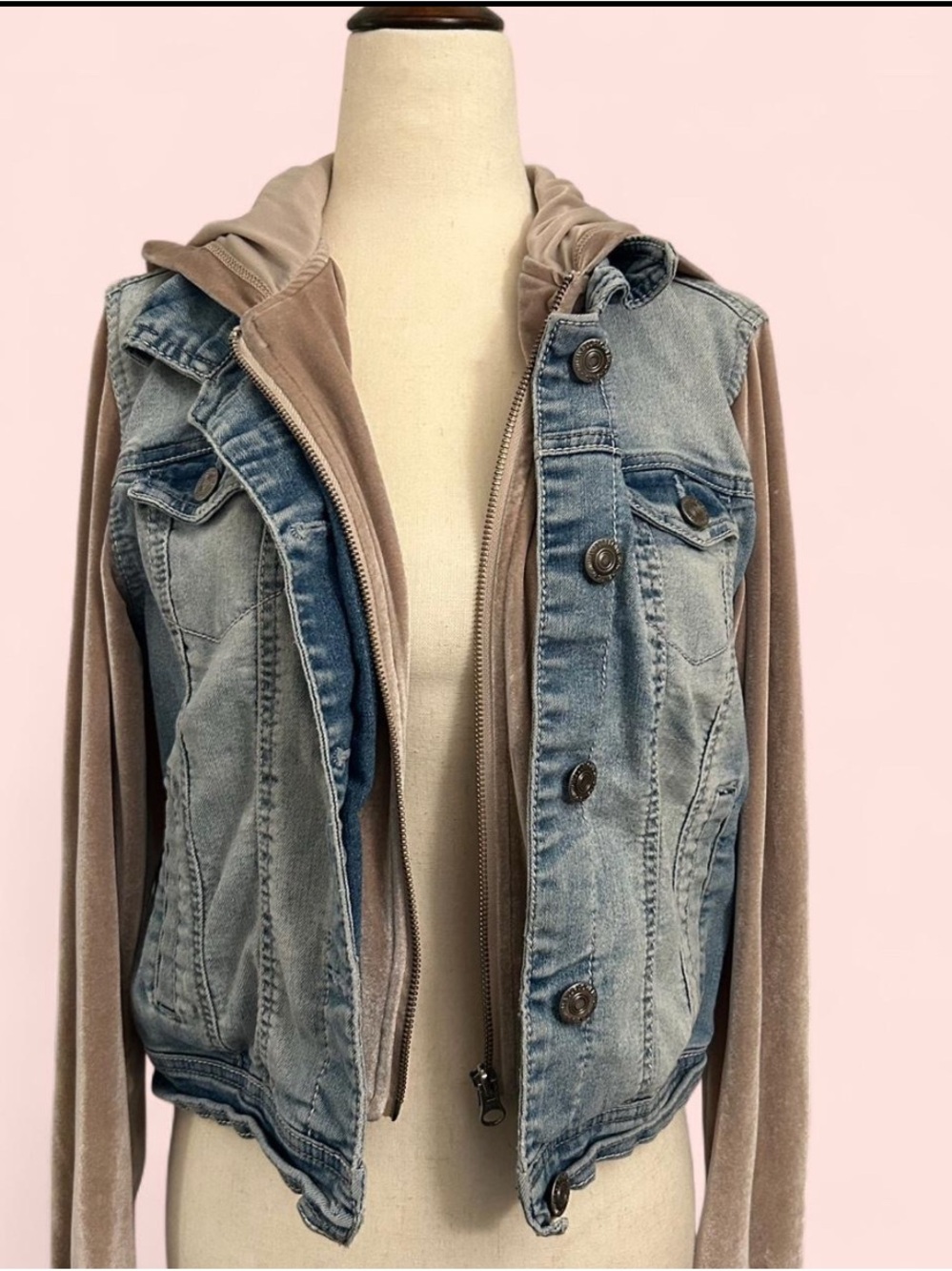 Wallflower Light Blue Denim Jacket with Taupe Knit Hood & Sleeves